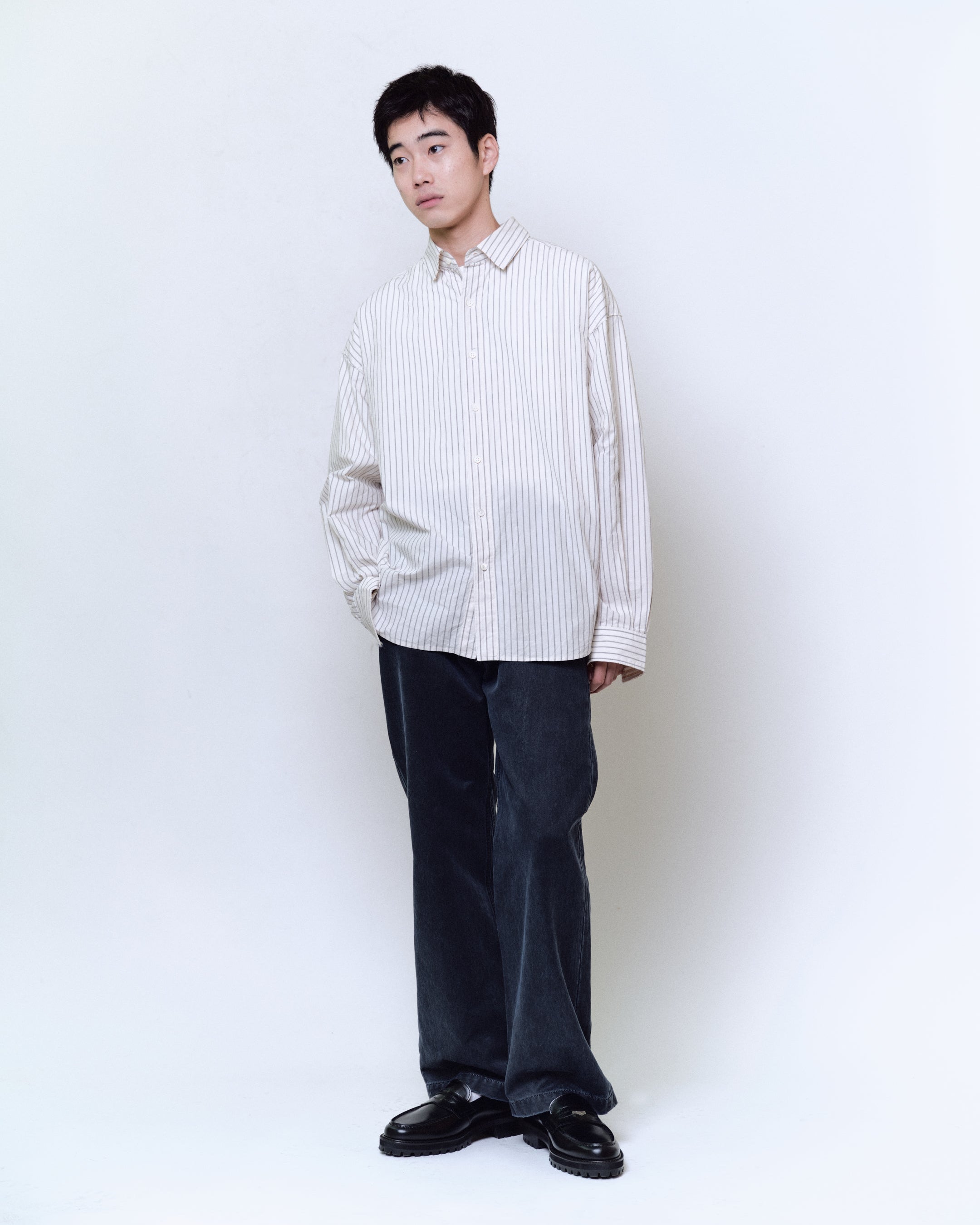 メンズウェア CLASSIC STRIPE BB SHIRT CREAM BLACK STRIPE WIDE SHIRT : CUT-OFF & SWITCHING – Name. OFFICIAL STORE