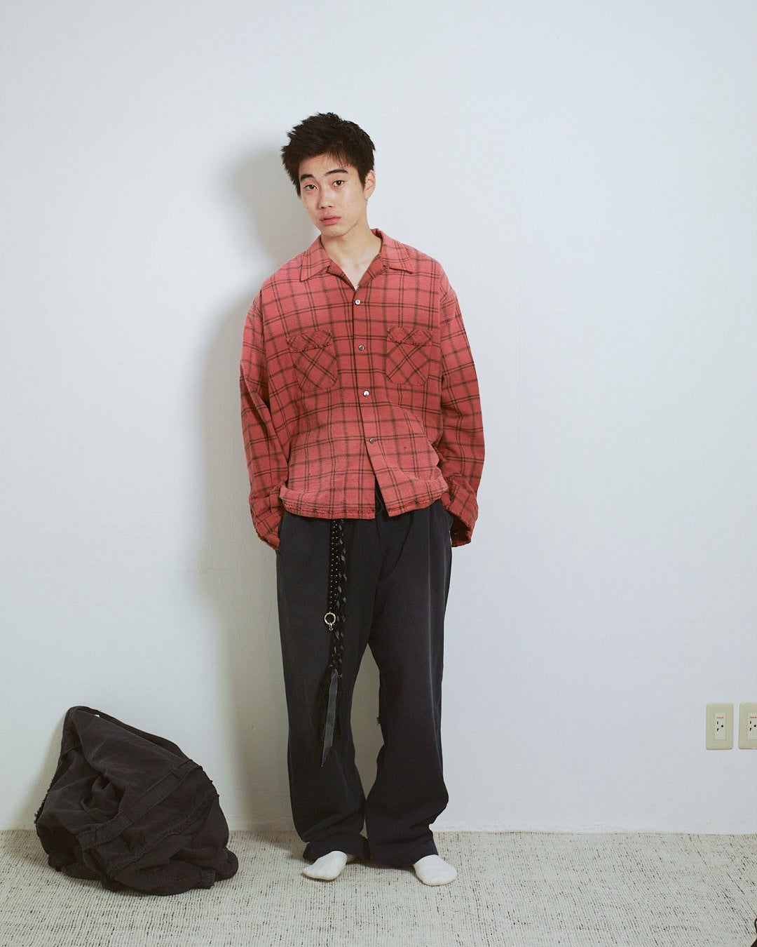 COTTON FLANNEL PLAID OPEN COLLAR SHIRT : DISTRESSED