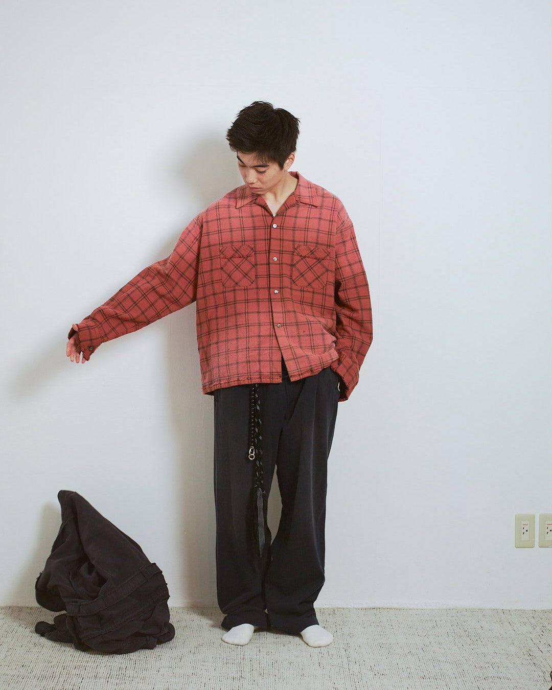 COTTON FLANNEL PLAID OPEN COLLAR SHIRT : DISTRESSED