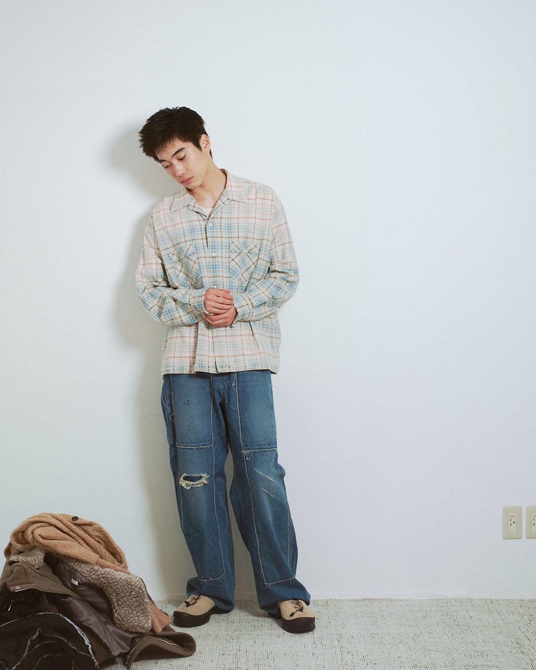 COTTON FLANNEL PLAID OPEN COLLAR SHIRT : DISTRESSED